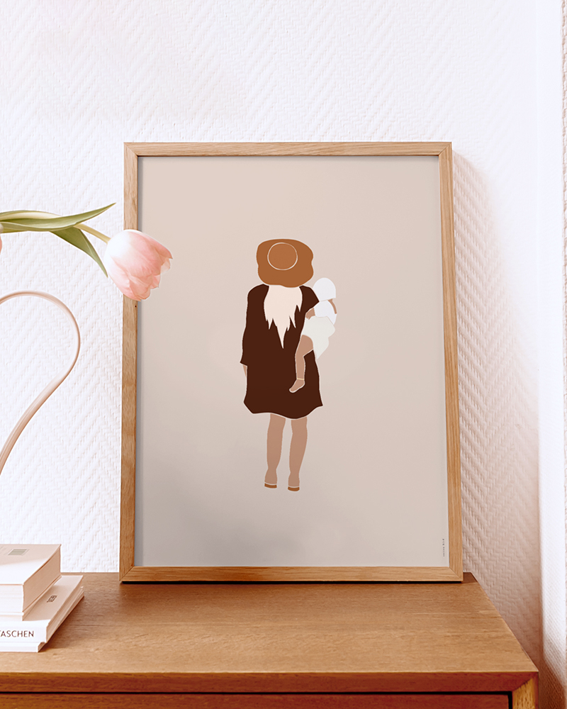 Affiche déco illustrée d'une maman de dos, portant son bébé.