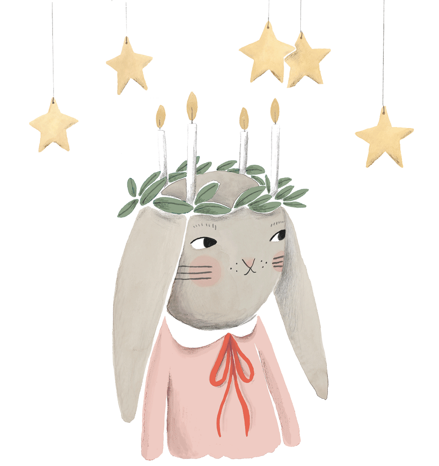 Petit lapin coiffé d'une couronne de l'Avent et surmonté d'étoiles.