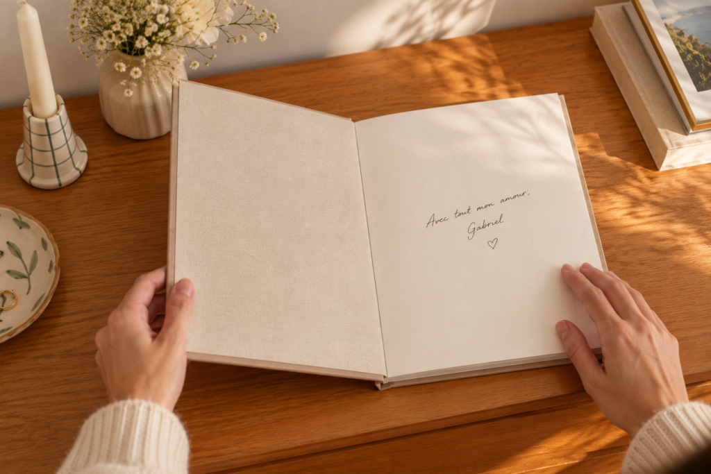 Album photo ouvert sur une dédicace manuscrite « Avec tout mon amour »