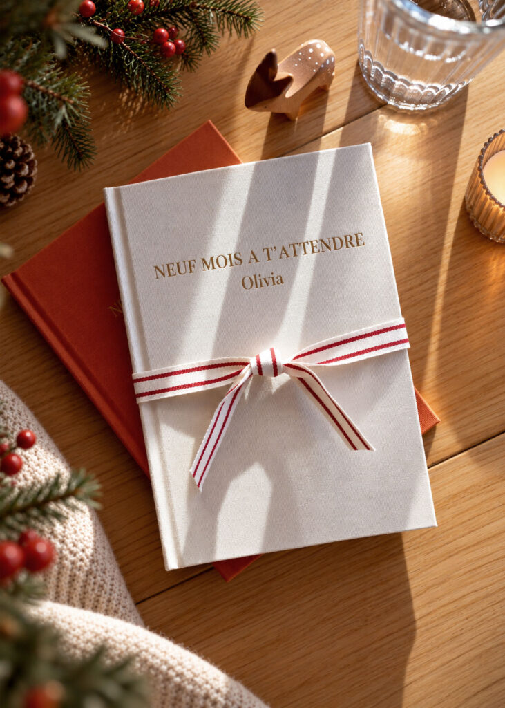 Album photo de grossesse « Neuf mois à t’attendre » dans une ambiance de Noël