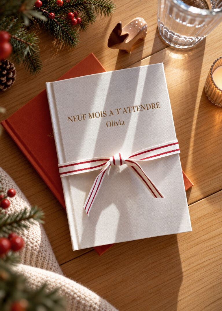Album photo de grossesse « Neuf mois à t’attendre » dans une ambiance de Noël